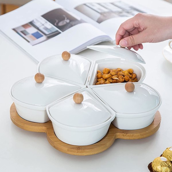 11 tommer keramiske serveringsfade med bambusbakke og låg, 5 aftagelige snackskåle, relish-bakke til slik, nødder, frugter, chips og dip