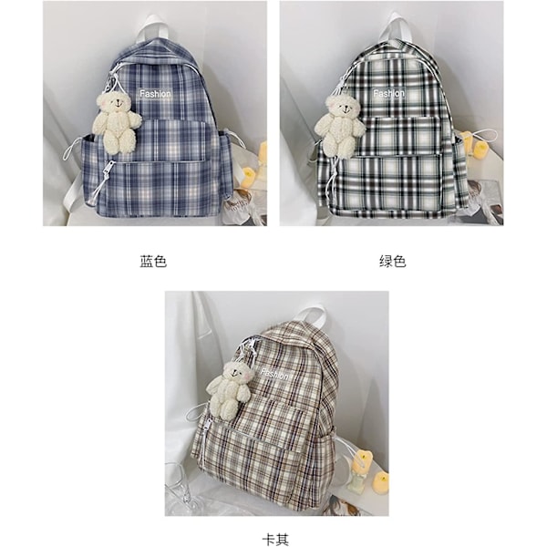 IFENG Japanilainen Ruudullinen JK Koulureppu, Kawaii Ihana Karhu Suurikokoinen Läppärilaukku, Vedenpitävä Matkareppu Tytöille Naisille (Pinkki)