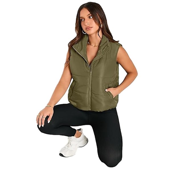 Puffer Vest Dame Ærmeløs Vinter Cropped Stand-up Krave Dunjakke Green M