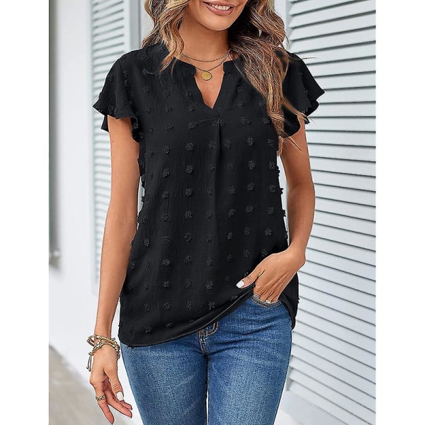 Dame Sommer V-hals T-shirt, Flæse Kortærmet Top Black M