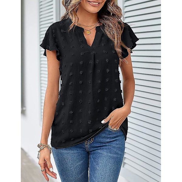 Sommerbluse for kvinner med V-hals, topp med korte volangermer Black M