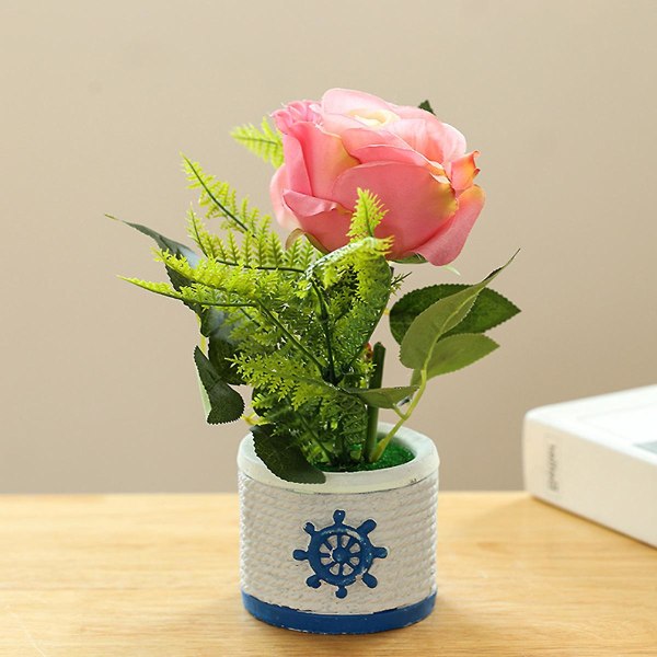 Fake Flower Simulering Rose Liten Bonsai konstgjord växt Krukdekoration Siden Blomma Grön växt pink