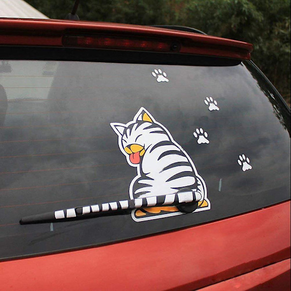 Reflekterande vindrutetorkarsticker i form av rolig söt tecknad katt med svansen i vindrutetorkaren för bil