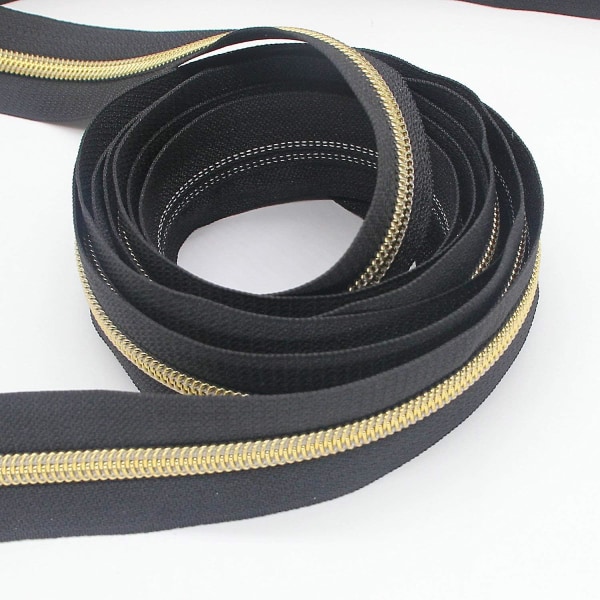 #5 Guld Metallic Nylon Lynlåse På Meter Mål Bulk 10 Meter Sort Bånd Med 25 stk. Guld Slidere Til DIY Syning Skrædder Håndværk Taske (sort)