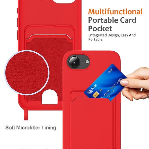 Flydende silikone etui med kortholder og lanyard til iPhone 16e Red