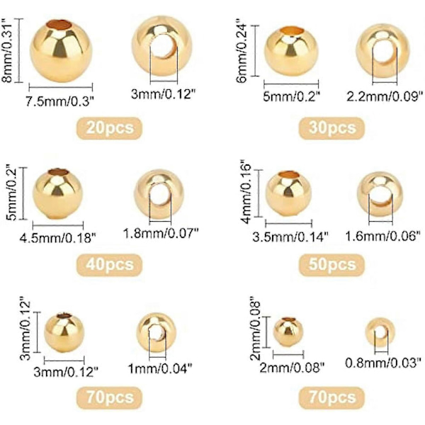 270 st 6 Storlekar Gyllene Rostfria Stål Pärlor 2-8mm i Diameter Glatta Runda Pärlor 0,8-3mm Stort Hål Metallpärlor