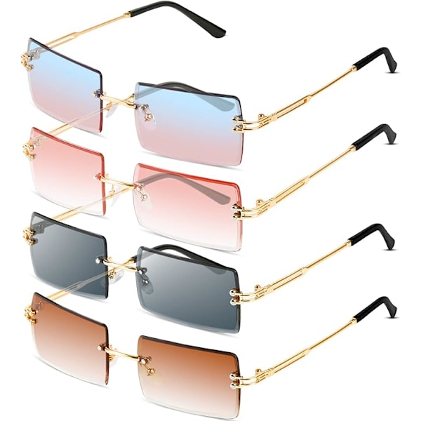harp Rektangulære Rimless Solbriller, 4 stk. Retro Rektangulære Rimless Solbriller til Kvinder Mænd - Firkantede Rimless Solbriller