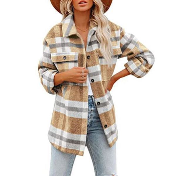 Dame Flannel Løs Frakke Dame Nedfalds-krave Frakke Gittermønster Frakke Til Kvinder Enkelt-knappet Casual Frakke Dame 2XL Yellow