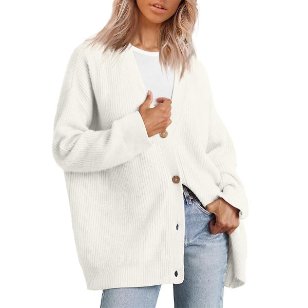 Koftor för kvinnor, stickad tröja med V-ringning, lös stickad ytterkläder White XL