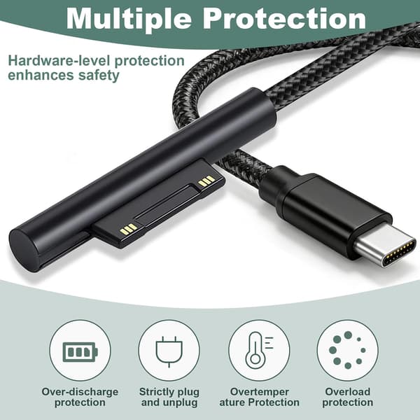 2m USB-C ladekabel, USB-C ladekabel for Surface Pro 3/4/5/6/7, kompatibel med Laptop/Book 1/2 GB 3