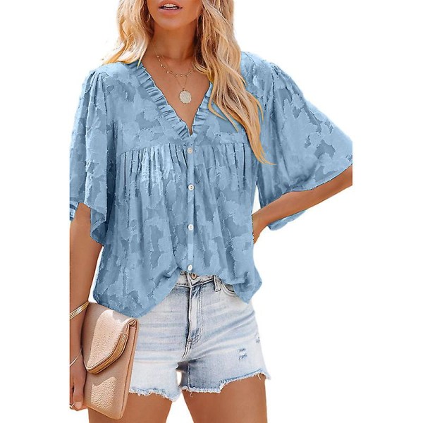 Kvinners V-hals Chiffon Trykte V-hals Avslappede Bluse Skjorte Topper Blue M