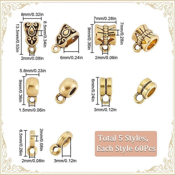 1 Ask 300 st Bailpärlor i Guld Charm Spacer Pärlor Stora Hål Legering Hängande Cylindriska Texturerade Tibetansk Stil Bail Tube Pärlor för Smyckestillverkning Pe