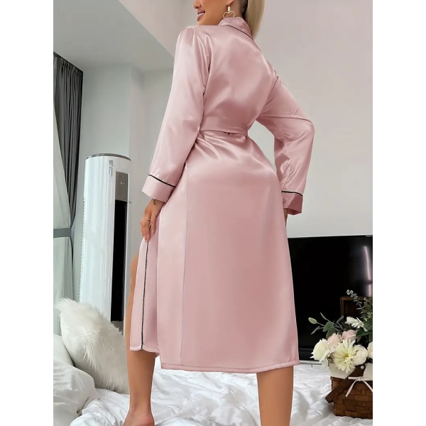 Ensfarvet Satin Natkjole, Elegant Langærmet V-hals Kjole Med Bælte, Dame Nattøj Pink S