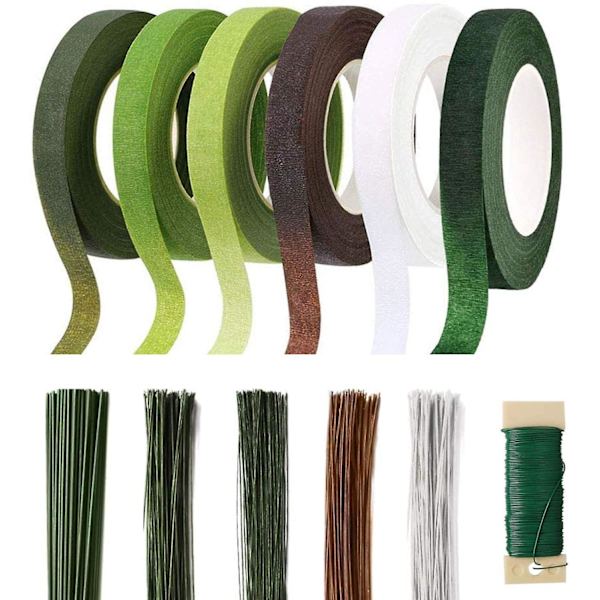 Kukkakimppuasetelmasetti - Kukkateippi- ja kukkalankasetti, 6 rullaa kukkateippiä ja 220 kpl kukkalankaa (18/22/26 Gauge) kukkakimppuja varten