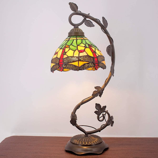 Grön gul bordslampa i Tiffany-stil med metallblad, 8x10x21 tum, skrivbordslampa, dekor för små utrymmen, sovrum, hemmakontor