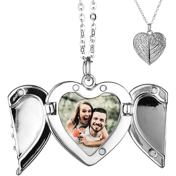 Halsband med hjärtformad medaljong med ängelvingar, personligt foto, bild, minneshänge, present
