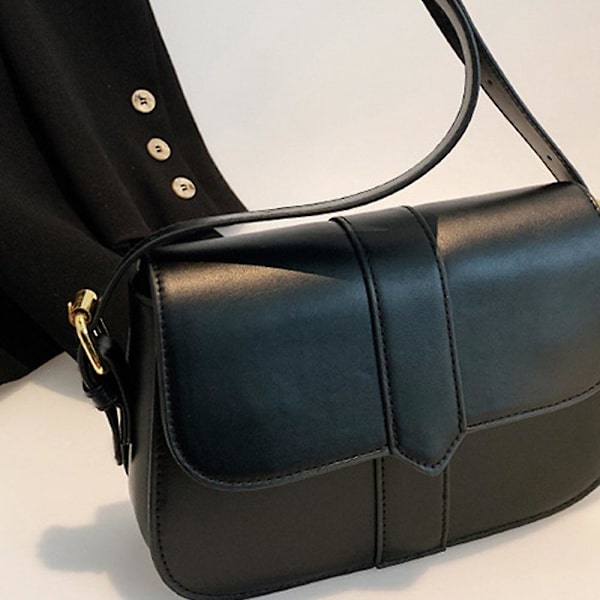 Mote Retro PU Lær Sadelveske Skulderveske Crossbody Veske Dame Ensfarget Underarmsveske black
