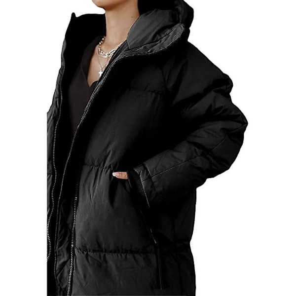 Kvinnors långa quiltade kappa, huvtröja längd långärmad pufferjacka Black M