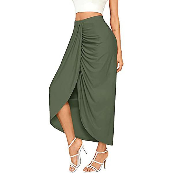 Casual slå-om nederdel med slids til damer, asymmetrisk elastisk højtaljet nederdel Green XS