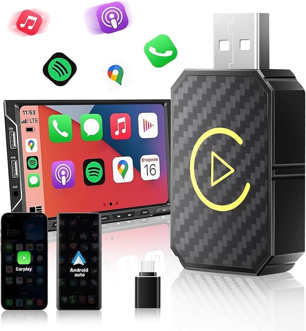 Trådløs Carplay-adapter for Apple og Android Auto - Konverterer kablet til trådløst for iPhone iOS 10+/Android 11+