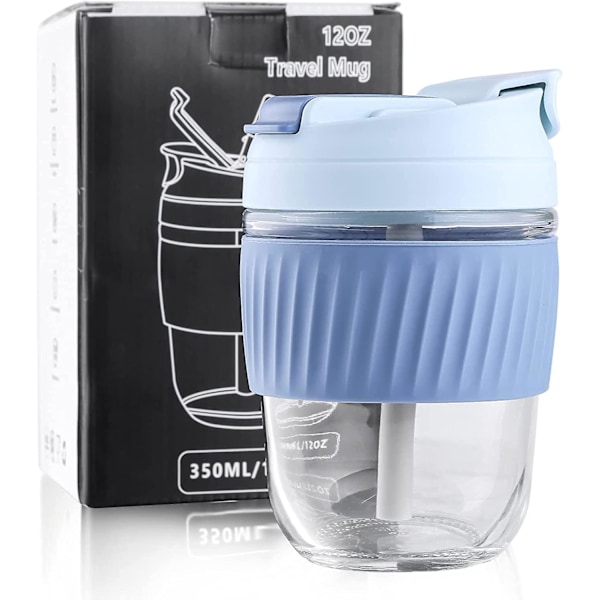 Glaskopp Återanvändbar Resmugg Med Silikonskydd Och Sugrör Lock För Te, Kaffe Hemmakontor 350ml/12oz Blå