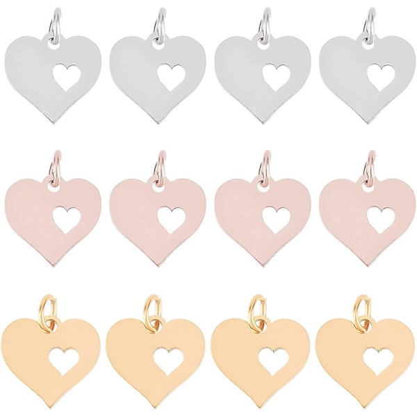 18 stk. 3 farger Hjerte med Hjerte-charm Kjærlighetssmykke Rustfritt Stål-charm Hypoallergenisk Metall-charm Glatt Flatt Smykke for DIY Smykkefunn Laging