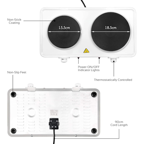 Elektrisk Dubbel Värmeplatta Kontroll 1000W & 1500W Plattor / 5 Temperaturinställningar/Bärbar, Perfekt för Matlagning Under Resor, 2500 W