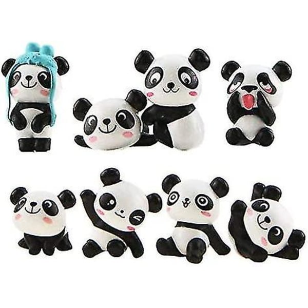 Sæt med 8 søde panda-dyreminiaturer til dekoration, figurlegetøj, gør-det-selv