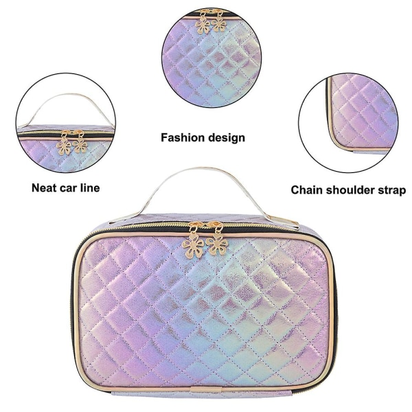 Laserläder diamantpläterad kosmetisk väska, bärbar kosmetisk väska, Pu-material purple