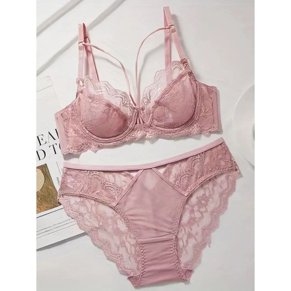 Kukkainen pitsiliivit ja pikkuhousut, hengittävät push up -vuorittomat liivit ja läpinäkyvät pikkuhousut, naisten alusvaatesetti Pink 80E