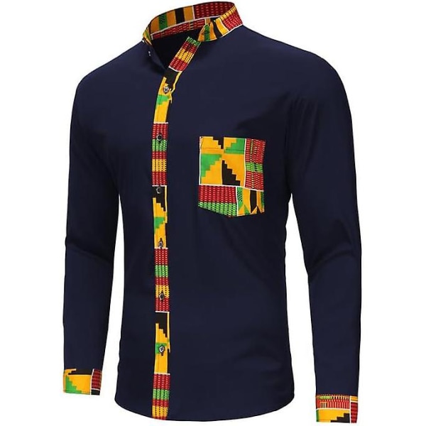 Herre Casual Skjorte med Knapper Langærmet Hipster Strandskjorter Navy 2XL