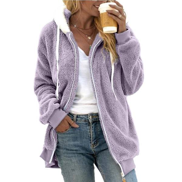 Fleecejakke til kvinder, Oversized hættejakke med lynlås til kvinder Purple 4XL