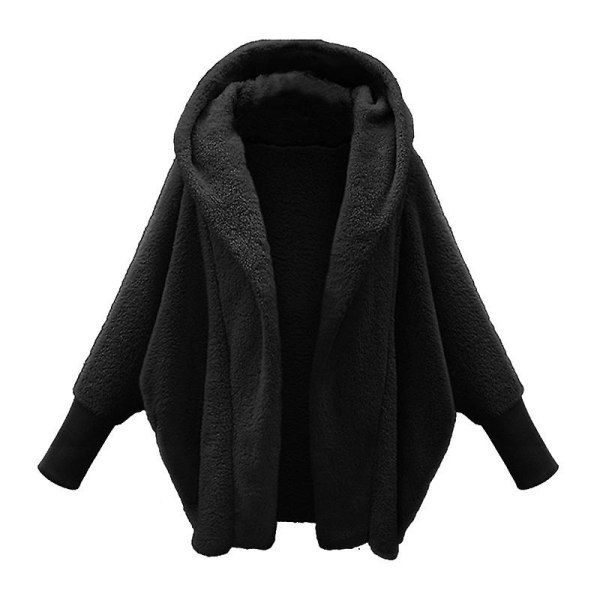 Dame Vinter Fuzzy Fleece Frakke, Åben Front Hætte Cardigans Jakke Black 3XL