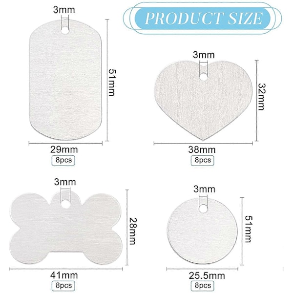 32 pakker store runde blanke rektangler hjerte stemplingsemner knogleformede hundetegn med plastikopbevaringsboks til metalstempling og smykkefremstilling