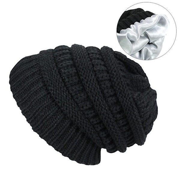 Sztxj Vinter Strikkede Huer Til Mænd Og Kvinder, Dobbelt Lag, Vinterhatte, Hue, Satin Interiør, Minimalistisk Stil (sort)