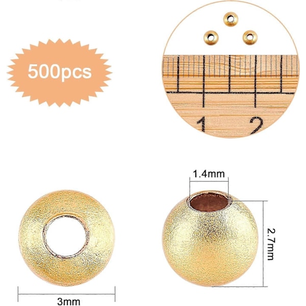 500 stk. messing spacerperler 3mm ekte 14K gullbelagt runde perler langvarig belagt for DIY smykkelaging Hull: 1,4mm