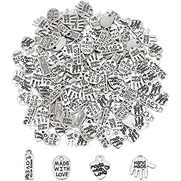 200 st 4 former Alloy Word Charms Berlocker Handgjorda med kärlek Berlocker Oval/Hjärta/Rektangel/Hand Former Smyckestillbehör för DIY Halsband