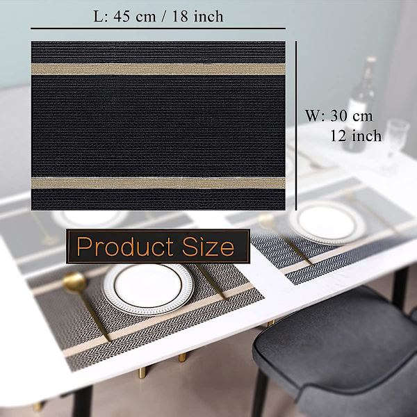 Placemats Set om 6, Svart Eleganta Placemats Tvättsbara Halksäkra Lyxiga Bordstabletter för Hem/Matrum Dekoration
