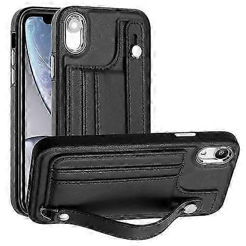Mobiltelefoncovers til iPhone XR Stødsikkert lædertelefoncover med håndledsrem (Sort)