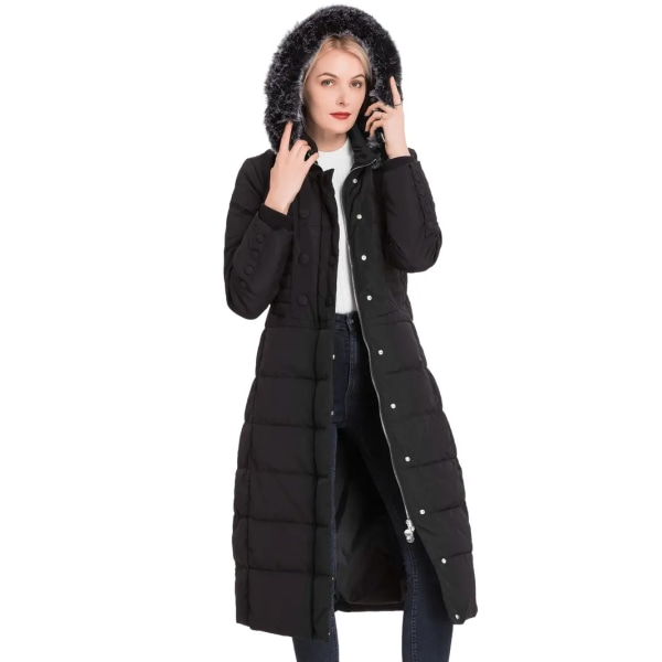 Hood-kappa med solid knapp framtill, mångsidig fuskpälsdekor Thermal vinterjacka i midjan, damkläder M