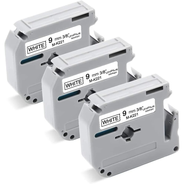 Kompatible Brother M-k221 Mk-221 9mm X 8m taper for Brother Pt-55 Pt-60 Pt-65 Pt-70 Pt-80 Pt-85 Pt-90 Pt-m95 Pt-100 Pt-110 Bb4 etikettskriver (pakke med 3)
