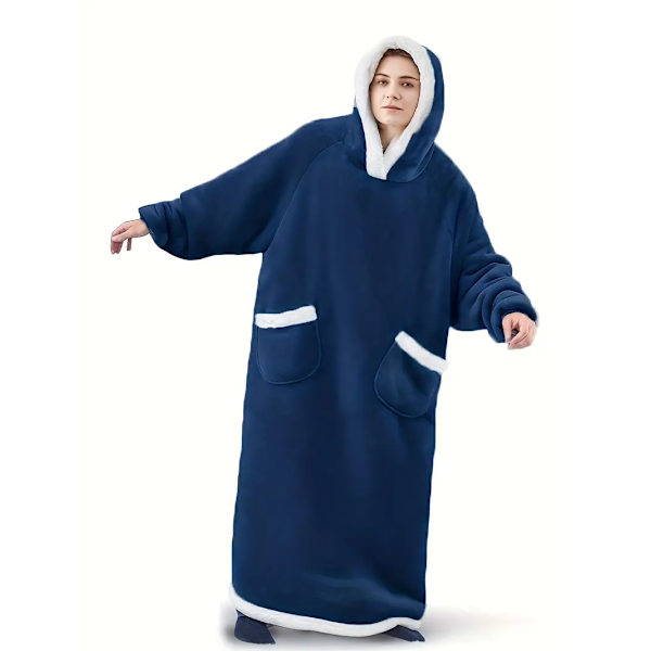 Casual loungewear-morgenkåbe i store størrelser, tyk Sherpa fleece varm ekstra lang oversized bærbar tæppe til damer med lommer (længde: 150 cm) blue
