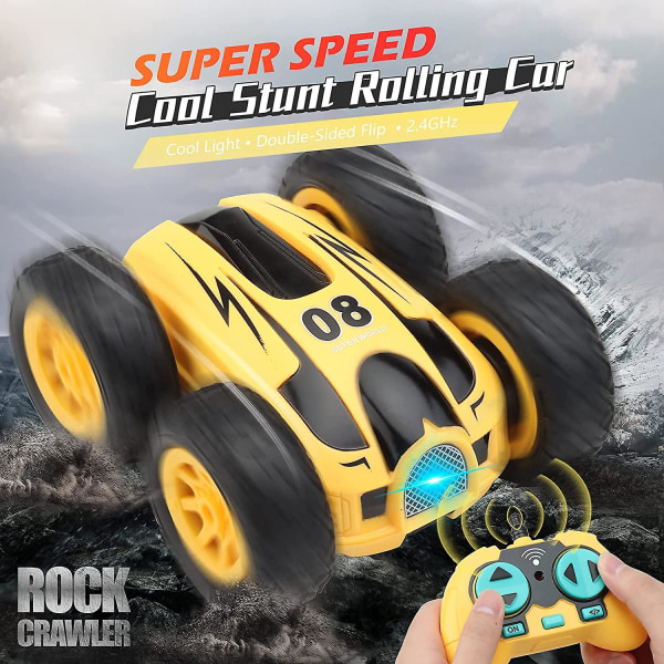 Mini Stunt RC -autolelu, 4WD 2,4 GHz kaksipuolinen pyörivä (keltainen)