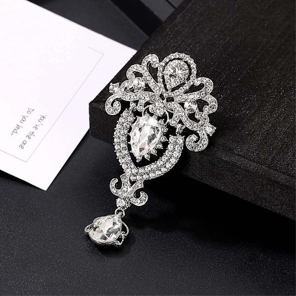 Hängande kristall strass brosch silver droptear brosch pin stor statement brosch bröllop smycken för kvinnor och flickor (silver-crowm)