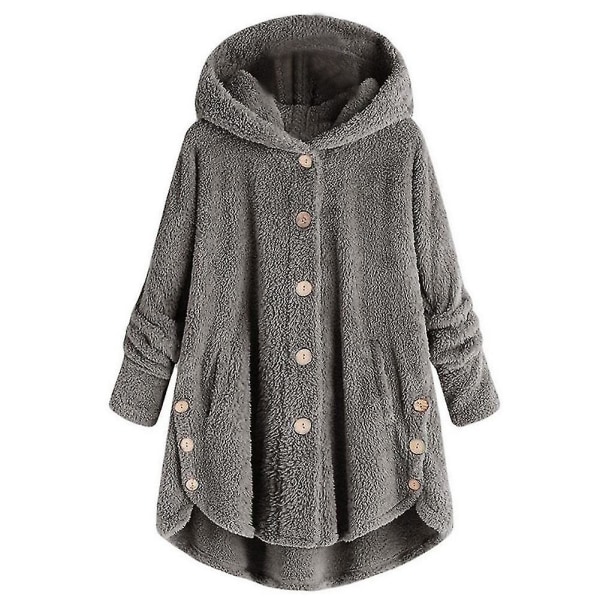 Kvinnors vintervarma fluffiga överrock knappjacka toppar lös huva ytterkläder 2XL D