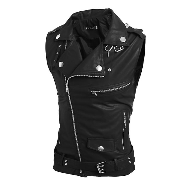 Læder motorcykelvest til mænd, sorte biker-veste i kunstlæder Black XS
