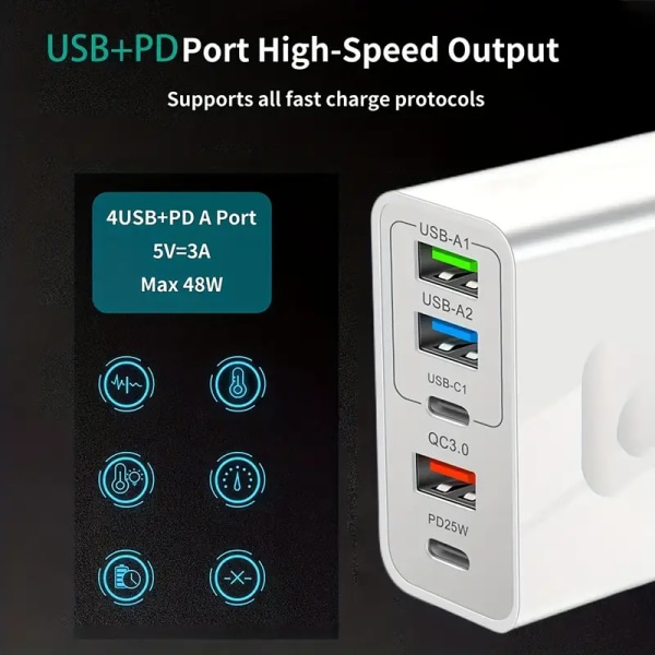 65W PD Multiport Hurtigoplader - PD og 3 USB-porte Adapter hvid