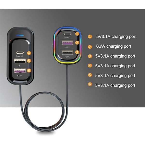 Bil-USB-laddare Multi Port,Bil-laddare USB C | 66W Supersnabb Multi Port Billaddare Adapter