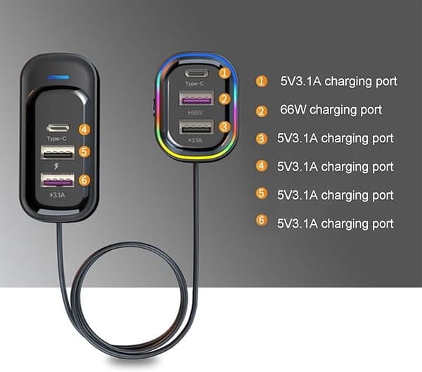 Bil-USB-oplader Multi Port, Biloplader USB C | 66W Superhurtig Multi Port Biloplader Adapter