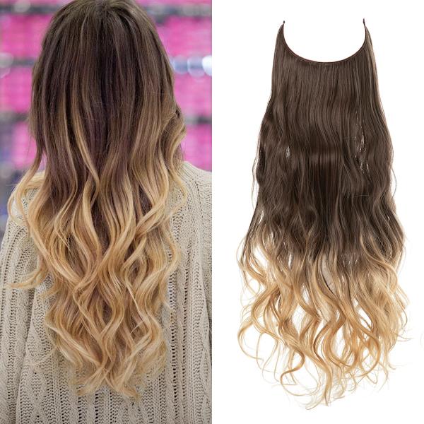 1 stk. Lang Krøllete Bølgete, Hår Parykk Extensions Justerbar Lang Bølgete Hårforlengelse Syntetisk Parykk Oppgradering i Hårdeler Usynlig Tråd Svarte Hår Extensions 6T25 14inch